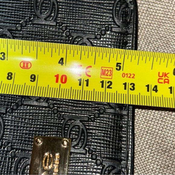 Bebe Black Los Angeles Snap Logo Embossed Crossbody Faux Leather and Chain Bag - Picture 13 of 14